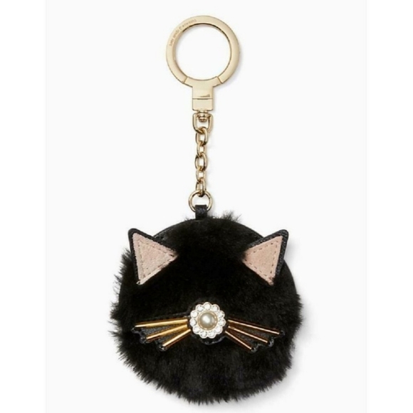 Kate Spade Cat Pouf Keychain Key Fob Blk Leather - Picture 2 of 3